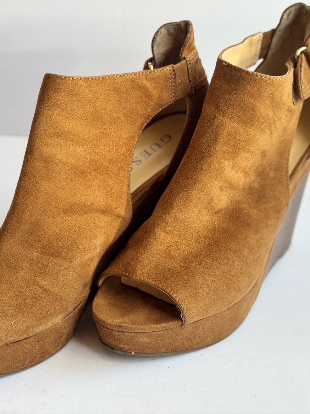 Guess Camel Suede Peep-Toe Platform Wedges